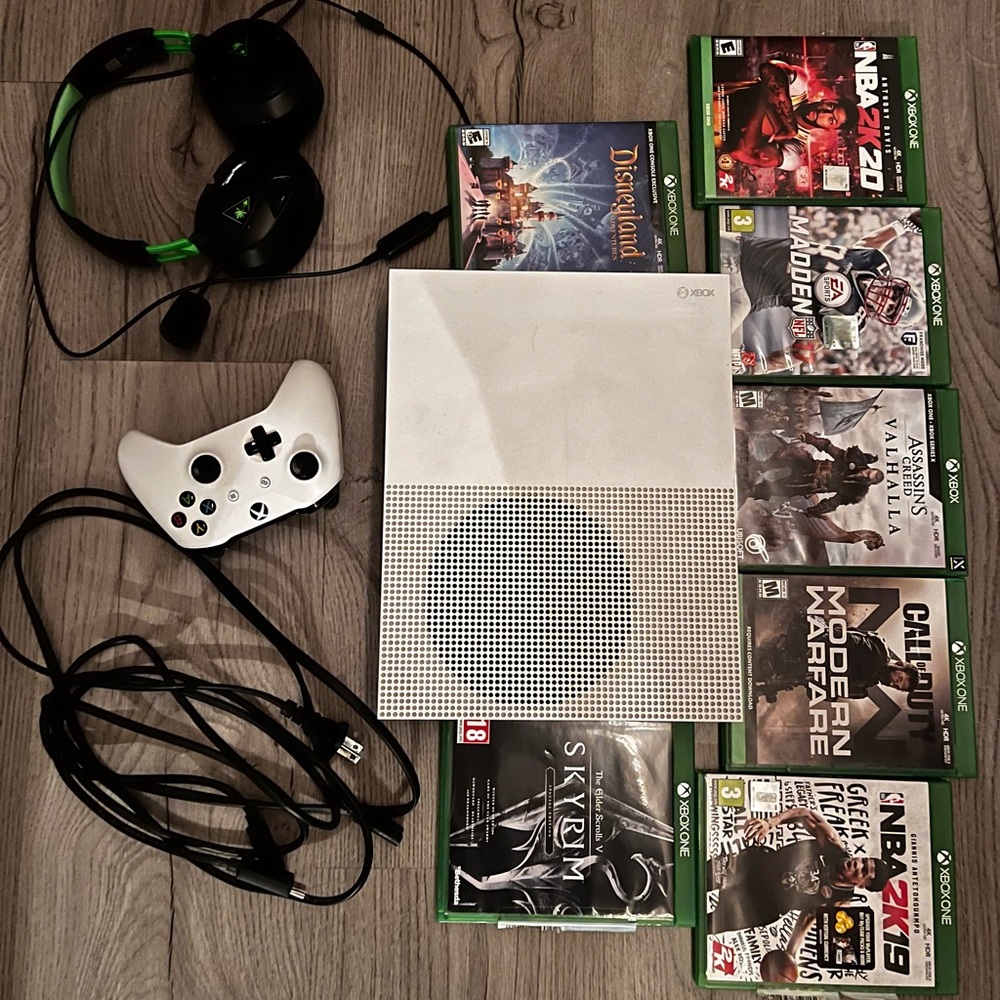 Xbox One S with controller, headset, and games